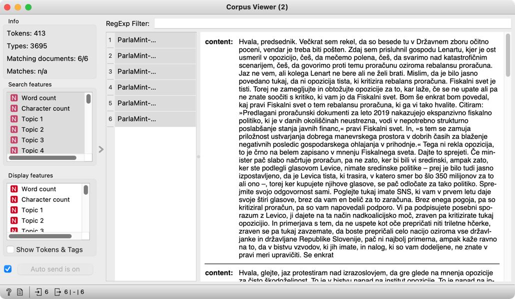 Slika 20: Pregled izbranih dokumentov v gradniku Corpus Viewer.